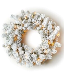 24" King Flock® Artificial Christmas Wreath with 50 Warm White LED Lights (Battery Operated)