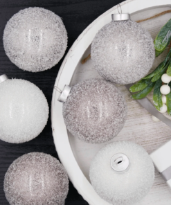 Silver Frosted Ornament Set (6 Pack) featuring handcrafted ornaments in silver and white frosted finish