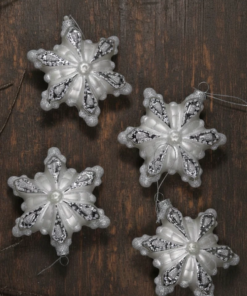 Snowflake Glass Ornament (4 Pack) featuring mouth-blown and hand-painted designs with matte silver and platinum glitter.